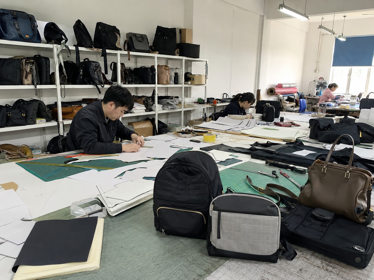 Sample room with bag prototypes